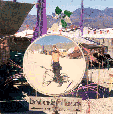 If there is distortion in the surface then the viewer becomes distorted; they are defined by their reflection.
